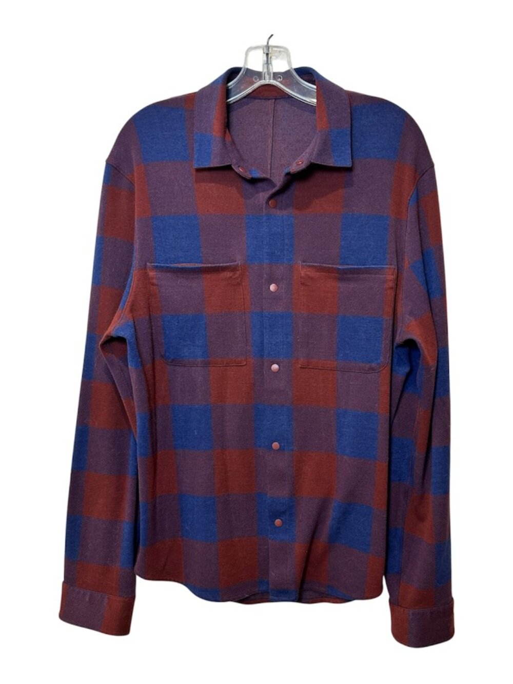 Lululemon Mens Soft Knit Overshirt Snap Flannel Buffalo Plaid Red Blue Size M